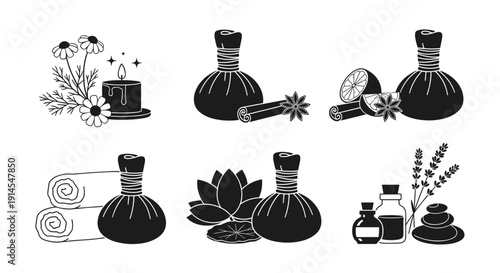 A set of black and white vector graphics depicting various spa and wellness elements in a minimalist style