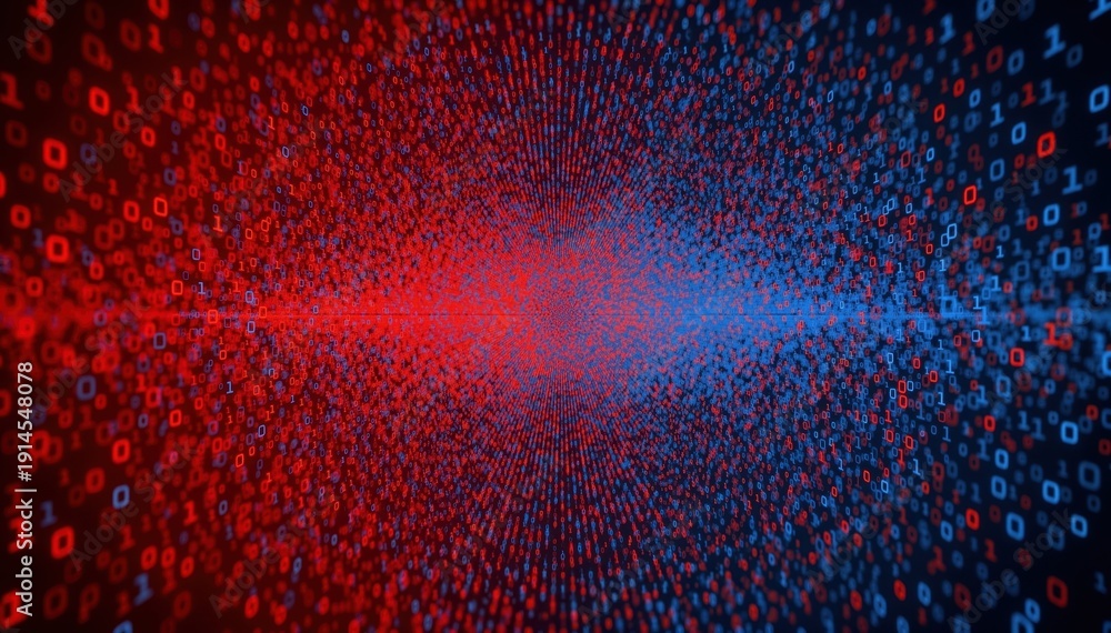 Fototapeta premium Binary Code Tunnel: A mesmerizing tunnel of binary code streams, merging from opposing red and blue directions, symbolizing data flow and digital connectivity.