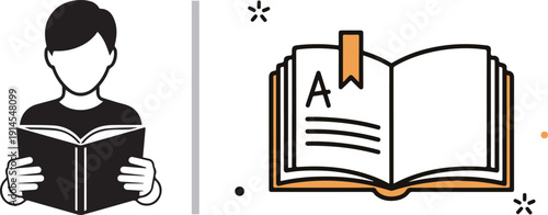 A large collection of minimalist vector icons illustrating literacy and education, featuring figures reading, academic symbols like graduation caps, school supplies, and research tools.