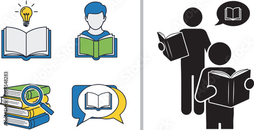A comprehensive set of minimalist vector icons illustrating literacy and education, featuring people reading in various poses, academic symbols, school supplies, and research tools.