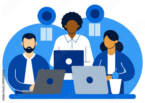 Modern flat vector illustration depicting diverse business professionals collaborating productively in a contemporary office setting, showcasing teamwork and technological integration
