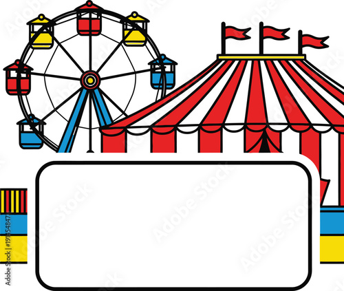 Carnival scene with Ferris wheel and tent at a fairground viewed from the side