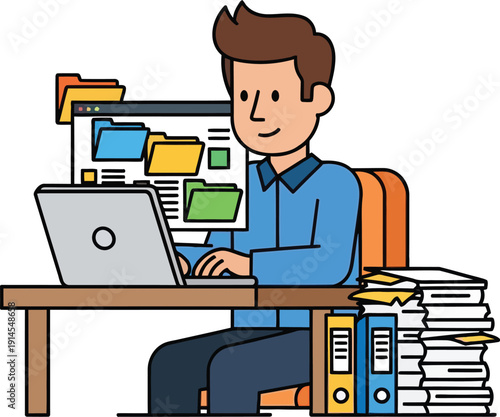 Man working on laptop at desk with files and documents in a modern office setting from a front viewpoint