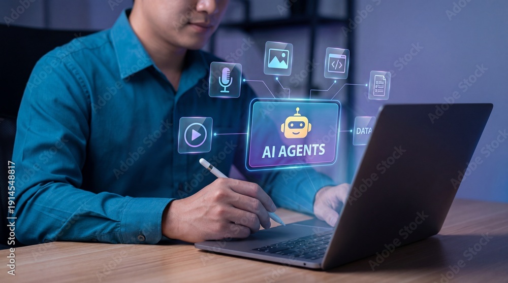 Fototapeta premium Man working on laptop with ai agents interface on screen