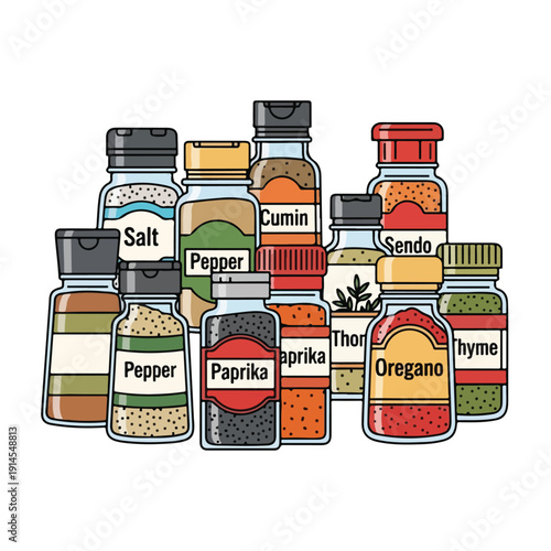 Spice bottles with labeled seasonings on a white background