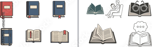 A large collection of minimalist vector icons and illustrations focused on education, featuring people reading, academic symbols, school supplies, and concepts like research and graduation.