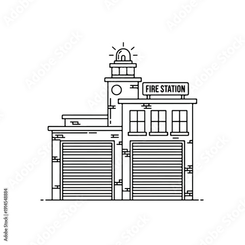 Fire station building with tower and garage doors