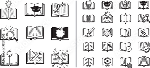 A minimalist vector icon of a person holding an open book featuring a yellow apple on the page. The blue and white design symbolizes childhood literacy, early education, and healthy learning habits.