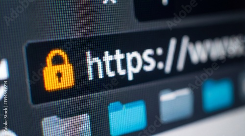 Closeup of a secure website url with a padlock icon on a computer screen