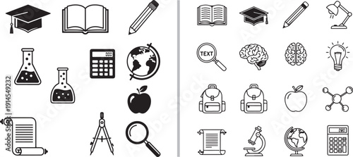 A large collection of minimalist vector icons and illustrations focused on education, featuring people reading, academic symbols, school supplies, and concepts like research and graduation.