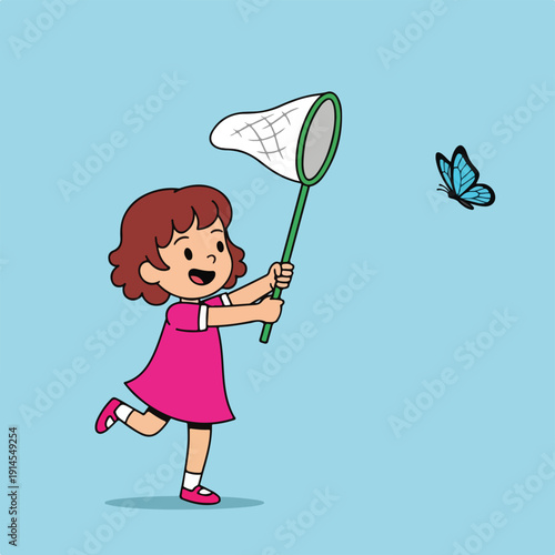 Little girl playing with butterfly net and colorful insect outdoors