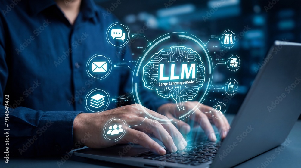 Naklejka premium Person typing on laptop with llm and digital icons