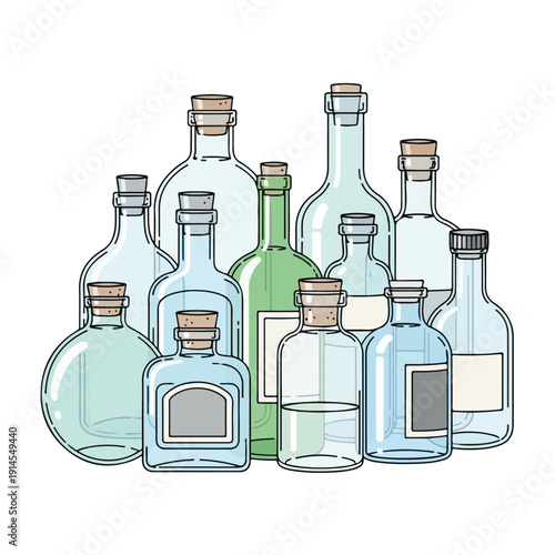Collection of empty glass bottles with cork stoppers