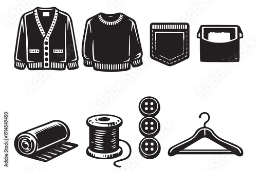 A simple vector illustration of sewing theme icons showing wool yarn, buttons, sweater, hanger, and cloth, symbolizing tailoring tools, craft hobby, and textile design.
