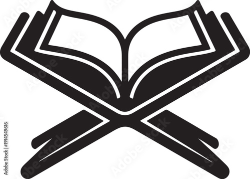 Quran book on rehal stand vector icon,Islamic holy book black silhouette