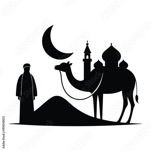 Camel and Bedouin Silhouette Vector Illustration, Islamic Desert Journey Black Icon, Arab Man Leading Animal Graphic