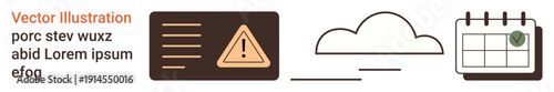 Information alerts, task planning, data processing, cloud storage, scheduling notifications, and workflow management. Warning sign, cloud and calendar with checkmark. Alerts and task planning
