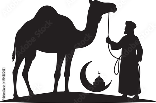 Desert Camel with Muslim Guide,Traditional Arabian Culture Scene,Camel and Muslim Man Silhouette