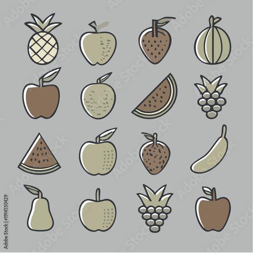 Collection of fresh fruits and berries in a cartoonish and minimalist style with clean outlines and subtle color variations on a gray background