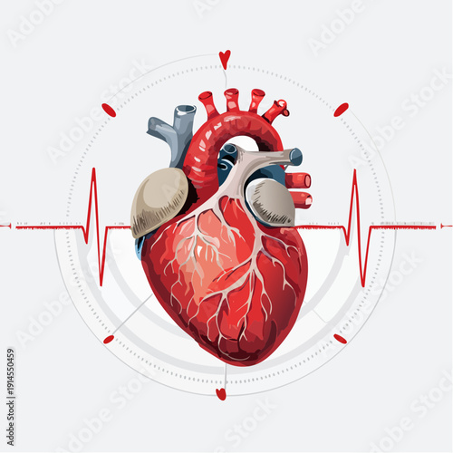 Anatomical heart with cardiogram and clock elements symbolizing time and health in a medical context