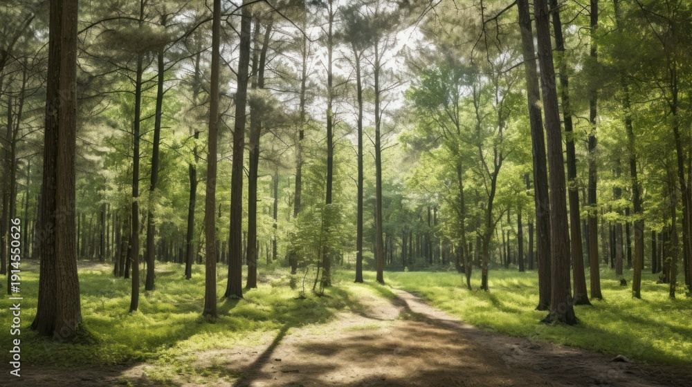 Naklejka premium Follow the sun-dappled path into the silent, ethereal heart of the deep woods.