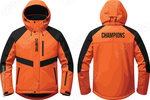 Orange and black hooded puffer jacket vector illustration with champions text, technical fashion flat sketch for winter outerwear apparel design.