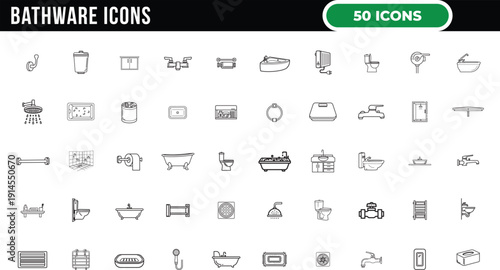 Modern minimalist bathroom line icon set with thin outline symbols including toilet, shower, bathtub, sink, washroom essentials and hygiene elements. Clean editable vector illustration