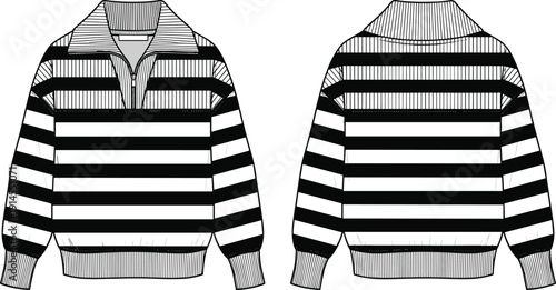 Black and white striped quarter zip sweater technical fashion flat sketch vector illustration with ribbed collar, cuffs, and waistband, isolated.