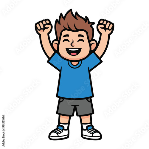 Cheerful Boy Celebrating with Arms Raised in Excitement
