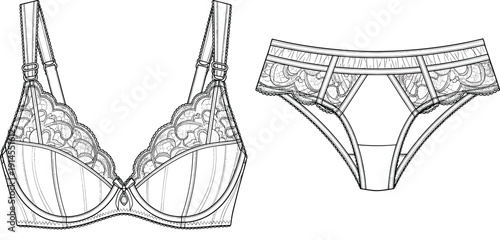 Elegant lace lingerie set technical fashion flat sketch vector illustration with underwire bra, adjustable straps, and matching lace trim panties.