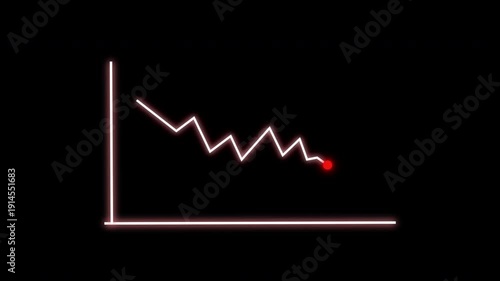 Animation Glowing neon line graph  downwards against black background, abstract neon line arrow down business graph, graph going down, decline failure decreasing bar graph,
