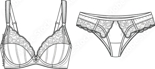 Elegant lace lingerie set technical fashion flat sketch vector illustration with underwire bra, adjustable straps, and matching lace trim panties.