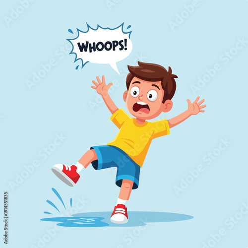 Cartoon boy slipping on wet floor with surprised expression