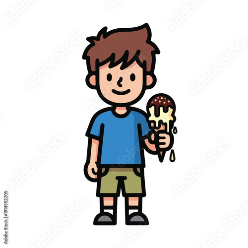 Boy enjoying melting ice cream on summer day happy and carefree