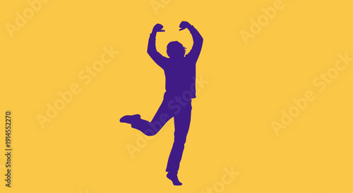 Man dancing with arms raised high in joyful movement on yellow