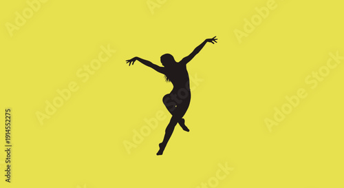Dancing woman silhouette in mid-air against a vibrant yellow energetic background viewed from a dynamic angle Whisk