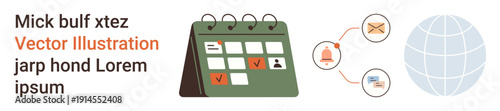 Business planning, task management, global communication, scheduling, time organization, information sharing. Calendar with checkmarks, user envelope icons and globe symbol. Business planning