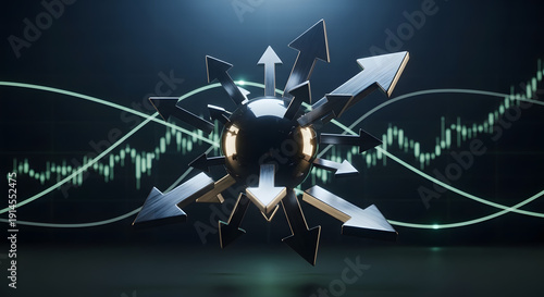 A dynamic visualization of expanding arrows representing growth and direction with a finance chart background