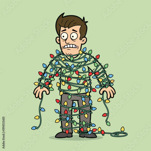 Man tangled in colorful Christmas lights with a worried expression