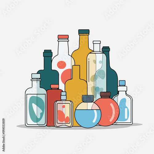 Collection of colorful bottles and flasks on a table