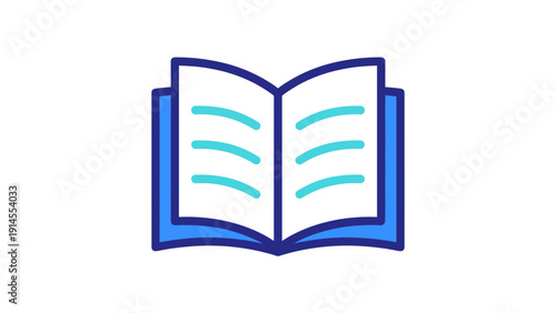 A minimalist vector graphic illustration of an open book with blue lines on a white background