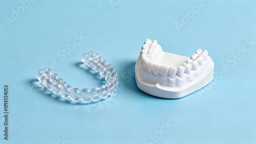 Clear dental aligner on plaster model teeth, showcasing the process orthodontic treatment for teeth straightening and smile correction