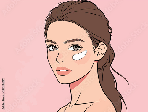 A woman is seen applying cream to her face in front of a pink background. She focuses on skincare with care.