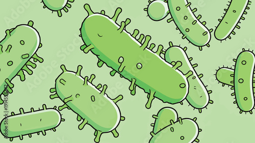 Small green bacteria are scattered on a light background. They represent microorganisms studied in science classes.