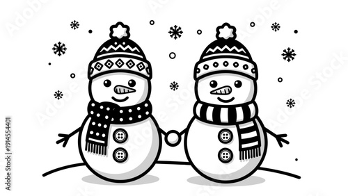 A minimalist vector illustration of two snowmen wearing hats and scarves in a winter scene