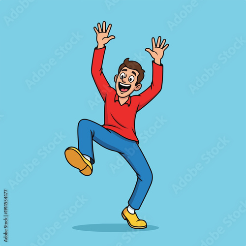 Cheerful man jumping with raised hands in casual wear