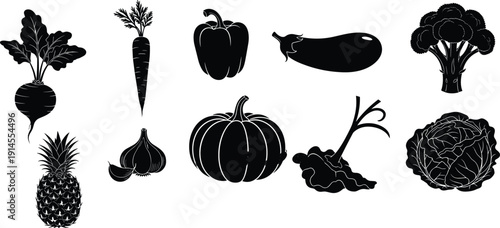 Vector Illustration Set of Vegetable Silhouettes Including Carrot Pumpkin Broccoli Eggplant and Pineapple for Healthy Organic Food Grocery and Vegan Cooking Designs