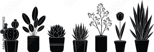 Vector, black, silhouette, illustration, set, of, various, indoor, potted, plants, including, cactus, succulent, and, tulip, for, home, decor, garden, nature, and, interior, design