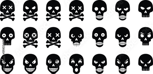 Vector, black, silhouette, illustration, set, of, various, skull, and, crossbones, icons, for, horror, pirate, gaming, death, gothic, tattoo, and, halloween, design (22 words)
