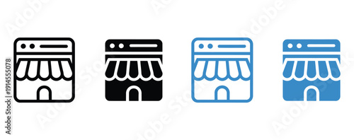 Online shop icon set multiple style collection, including line, solid, outline, and filled icons